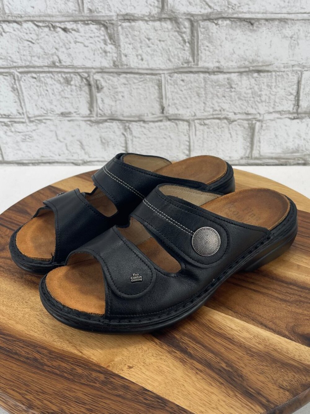 Finn Comfort Sansibar Womens 7/38 Black Leather Hook & Loop Slip On Sandals
